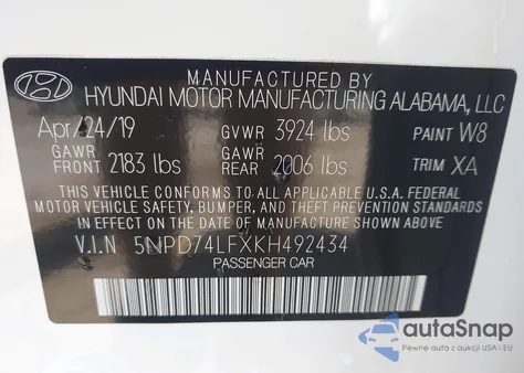 2019 Hyundai Elantra Se z USA, uszkodzony, nr VIN 5NPD74LFXKH492434